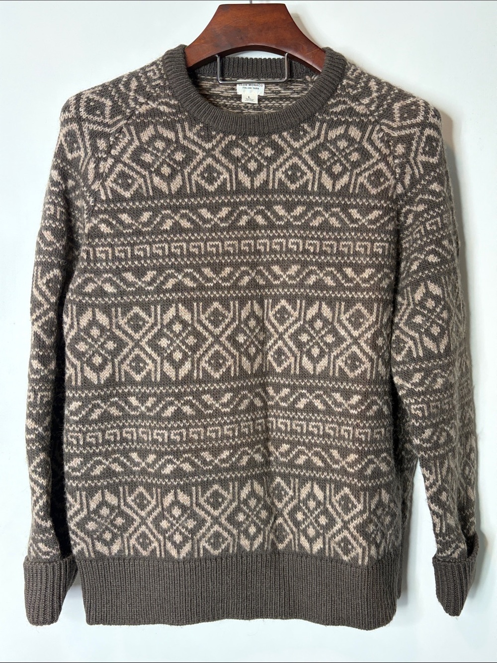 Club Monaco Brown and Cream Fair Isle Crewneck Sweater size L